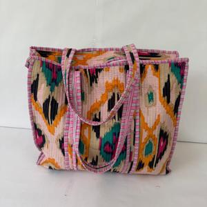 Ethnic Ikat Print <b>Canvas</b> Tote <b>Bag</b> Women Bohemian Style Geometric Pattern Shoulder <b>Bag</b> <b>Large</b> Capacity Daily Use - Product Image 1