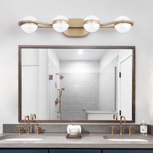 Lampada da Bagno LED Minimalista Dorata da 28 Pollici, 4 Luci, Montaggio a Parete, Illuminazione Decorativa con Paralumi in Acrilico Effetto Sabbia Cristallina - Product Image 1