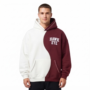 Sudadera con Capucha Bicolor para Hombre, Bloques de Color, Algodón y Forro Polar, Oversize, Casual, Blanco y Granate, Ajuste Relajado, Hombros Caídos - Product Image 1