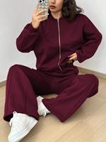 Kadın Bordo Fermuarlı Eşofman Takımı Günlük İki Parçalı Kapüşonlu Ceket Jogger Pantolon Yumuşak Polar Çevre Dostu Özelleştirilmiş Renk Yüksek Kalite
