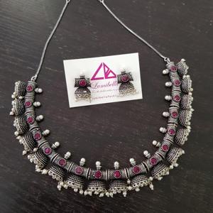 Oxidised Silver <b>Ruby</b> Stone <b>Necklace</b> Set - Product Image 1