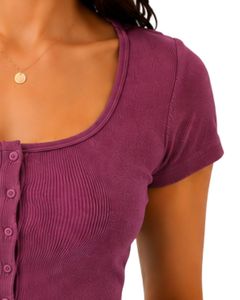 Magenta Purple Women Ribbed Knit <b>Crop</b> <b>Top</b> Short Sleeve Button Front Slim Fit Square Neck Casual Summer Cotton T Shirt Blouse - Product Image 4