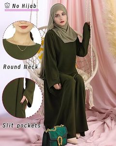 Abaya pour femme vert olive uni, manches longues, col rond, longueur ras du sol, robe modeste avec fentes et poches, pour usage quotidien - Product Image 1