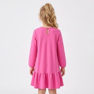 Vestido rosa de punto de manga larga hasta la rodilla con corte en A, dobladillo con volantes, cuello redondo, estilo casual para niñas, 100% algodón, Bangladesh - Product Image 2