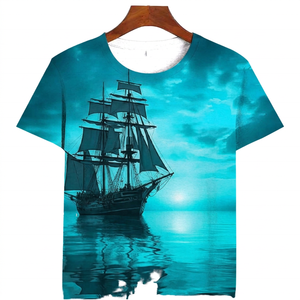 Camiseta de Manga Corta para Hombre con Estampado de Barco al Atardecer, Cuello Redondo, Corte Regular Informal, Tejido de Tela - Product Image 2