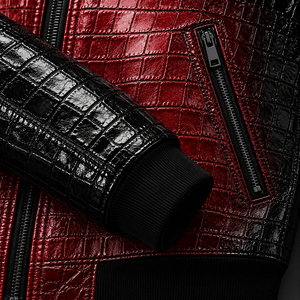 Veste en cuir pour homme à motif crocodile, rouge et noir, bicolore, col ajusté, coupe slim, en cuir véritable, vente en gros, OEM personnalisé - Product Image 5