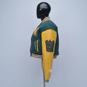 Green and Yellow Varsity Jacket with Embroidered N Logo and Lettering, Full Sleeve Turn-<b>down</b> Collar Polyester Cotton Shell OEM - Product Image 3