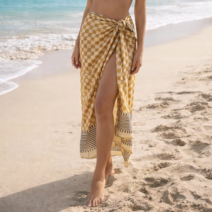 Hand Block Print Cotton Bagru Beach Bikini Swimwear Women Lightweight Boho Wrap Checkered Summer Cover Front Logo Eco-Friendly - Product Image 1