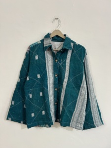 Blazer de algodón con estampado geométrico color verde azulado, cuello con botones, manga larga, chaqueta de primavera para mujer, diseño tejido y transpirable. - Product Image 5
