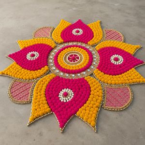 Tapis Rangoli floral fait main rose et jaune avec pompons, décoration de sol pour mariage Diwali avec bordure en perles et miroirs, décoration Diwali - Product Image 3