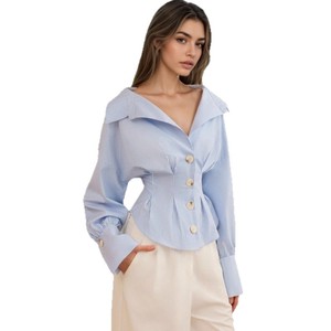 Blusa Elegante para Mujer, con Cuello Camisero, Plisada, Cintura Ajustada, Rayas, Manga Larga, Cierre de Botón, para Oficina y Uso Diario - Product Image 1