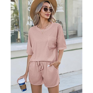 Conjunto de Salón de Dos Piezas para Mujer de Tejido Waffle Suave: Top Oversize de Manga Corta y Pantalones Cortos - Product Image 4