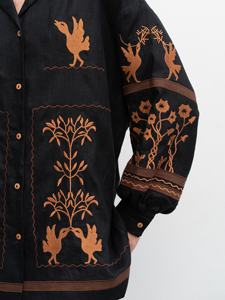 Women's Floral Embroidered Satin Blouse Tassels Unique Natural Washable Cotton Top Front Pockets Back Logo <b>Knee</b>-<b>Length</b> for Girls - Product Image 3