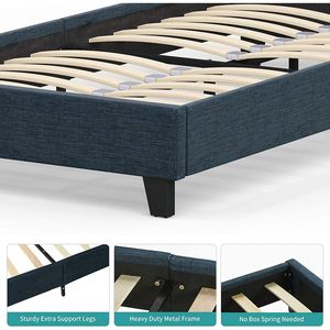 Blue Linen Upholstered Twin <b>Platform</b> <b>Bed</b> with Fabric Headboard Soft Mattress Foundation on Wood Slats Metal <b>Frame</b> - Product Image 6
