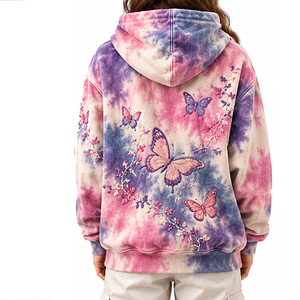 Sweat-shirts à capuche surdimensionnés brodés papillon tie-dye, pulls décontractés d'automne pour femmes, sweats à capuche tie-dye personnalisés 100% coton - Product Image 3