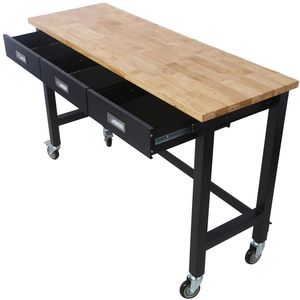 Banco de trabajo de madera de bambú de alta resistencia de 60 pulgadas con almacenamiento de cajones y ruedas, carrito de utilidad, mesa de trabajo para garaje, hogar y oficina - Product Image 1