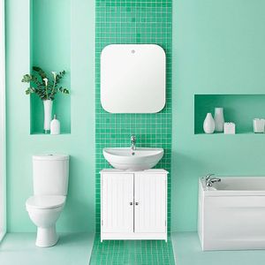 Mobile Bagno Doppio Lavabo Stile Rustico Bianco in Legno Massello con Struttura in PVC, Specchio LED e Accessori Contenitori - Product Image 3