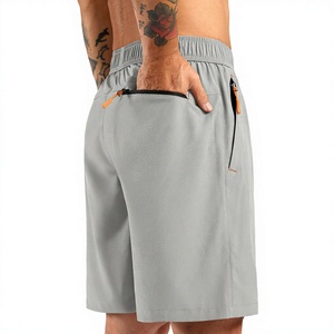 Men's Gray Solid Quick Dry Board Shorts With Zip Pockets <b>Elastic</b> Waist Casual Bermuda Style Summer Lightweight Breathable - Product Image 3