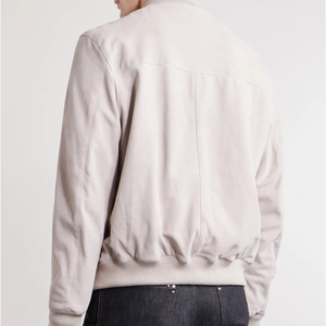 <b>Men's</b> Light Pink <b>Suede</b> Bomber <b>Jacket</b> Crew Neck Zipper Closure Casual Winter Wear Regular Fit Quick Dry Front Genuine Leather - Product Image 3