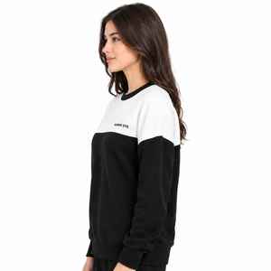 Sudadera de Mujer con Bloques de Color, Cuello Redondo, Corte Regular, Estampado de Letras en Blanco y Negro, Tejido de Algodón para Otoño - Product Image 3