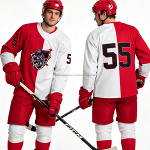 Jersey de Hockey sobre Hielo Personalizado, Blanco y Rojo, Malla, Cuello en V, Manga Larga, Sublimado, Uniforme con Número de Equipo para Hombre - Product Image 4