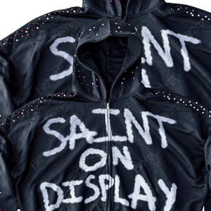 Custom Acid Wash <b>Rhinestone</b> Zip Hoodie – Oversized Cropped Graffiti Hoodie with Crystal Studs, Streetwear Fashion <b>Jacket</b>, OEM - Product Image 4