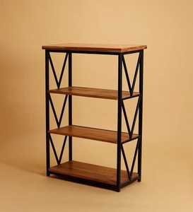 Four Tier Wooden Shelf <b>Black</b> Metal <b>Frame</b> V Pattern Minimalist Industrial Handcrafted Eco Friendly Modern Living Room Bedroom - Product Image 1