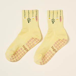 <b>Custom</b> Logo Women's Anti Slip Crew <b>Socks</b> Floral Ribbed <b>Grip</b> Yoga Pilates Workout <b>Socks</b> - Product Image 1