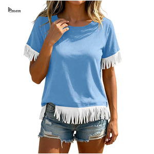 Camiseta de manga corta para mujer de alta calidad con dobladillo y puños con flecos blancos, top informal de algodón tejido con cuello redondo para verano. - Product Image 3