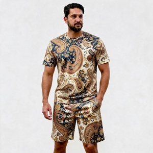 Men's Paisley Printed T-Shirt And <b>Shorts</b> Set Casual Summer Outfit Knitted <b>Polyester</b> Breathable Style - Product Image 1
