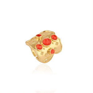 Bague ajustable en laiton massif plaqué or avec perles et pierres précieuses en jade rouge, grande taille, pour femme, idéale pour les cadeaux - Product Image 3