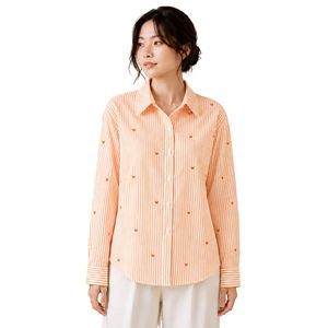 Camisa de mujer a rayas naranja y blanca con botones, blusa de algodón de manga larga con bordado de corazón, corte holgado, estilo casual, top oversize. - Product Image 1