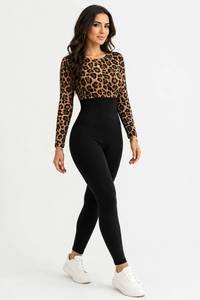 Ensemble 2 pièces pour femmes, haut à manches longues à imprimé léopard, leggings noirs taille haute - Product Image 4