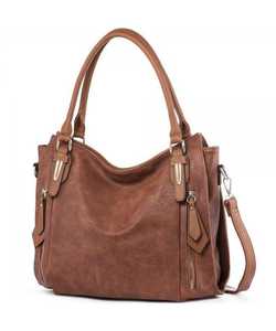Classic Brown Leather Women's Top Handle Tote Bag with Adjustable Shoulder <b>Strap</b> and Zipper Pockets - Product Image 1