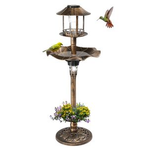 Fontaine à oiseaux décorative vintage en résine, éclairée par énergie solaire, avec jardinière intégrée pour la décoration extérieure de jardin. - Product Image 1