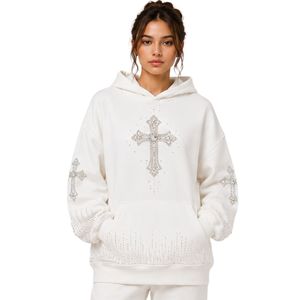 Sweat-shirt oversize blanc pour femme avec motif croix en strass, en molleton de coton premium, pull décontracté pour l'hiver, streetwear - Product Image 1