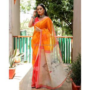 Linen Digital Print <b>Saree</b> Yellow and <b>Red</b> Party Wear - Product Image 2