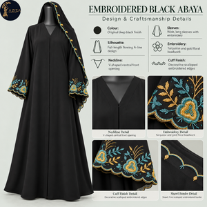 Abaya florale turquoise et or pour femmes avec poignets festonnés, robe fluide noire |   Robe modeste avec bordure de châle brodée - Product Image 5
