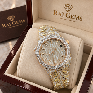 Reloj de Lujo RAJ GEMS con Moissanita, 41 mm, Analógico, de Cuarzo, Unisex, con Indicador de Fecha, Cierre Oculto, Acero Inoxidable, Esfera de Cristal de Zafiro de 20 mm - Product Image 1