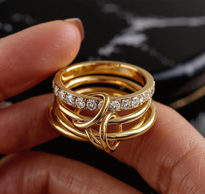 แหวนวงแหวนคู่ชุบทองสำหรับผู้หญิง ทองคำแท้ 14K แบบปรับได้ แหวนหลายวงแบบเชื่อมต่อกัน แหวนแบบซ้อนได้ - Product Image 3