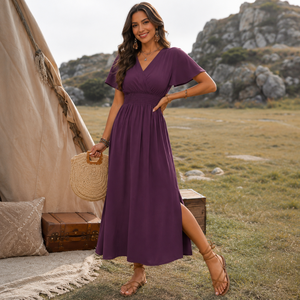 Robe longue violette pour femme à col en V et manches volantées |   Robe longue élégante décontractée pour soirée d'été avec taille froncée et fente latérale - Product Image 2