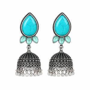 Bohemian Turquoise Blue Stone Jhumka <b>Earrings</b> Antique <b>Silver</b> Tone Tribal Dome <b>Dangle</b> <b>Earrings</b> Indian Fashion Jewelry Wholesale - Product Image 2