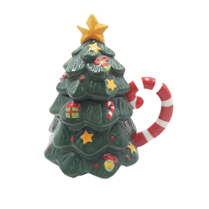 Ceramic Christmas Tree Figurine Green with Yellow Star Top Hand-painted Holiday Glazed Red Candy Cane Handle <b>Battery</b> <b>Operated</b> - Product Image 4
