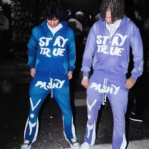 Hot Selling Custom Puff Printed Stacked Jogger Pants Oversized Distressed Applique Embroidery Flared Sweatpants and Hoodie <b>Set</b> - Product Image 4