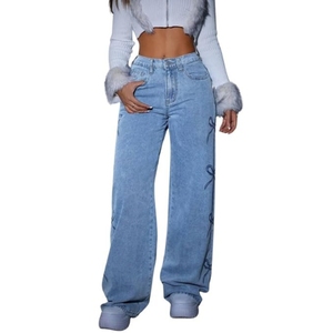 Jeans de Cintura Alta y Pierna Ancha para Mujer, Diseño con Lazo Estampado, Pantalones Vaqueros Casuales a la Moda - Product Image 1