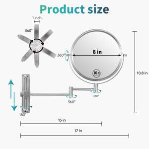 Miroir de maquillage mural de 8 pouces avec grossissement réglable en hauteur 1X/10X et extension pivotante à 360 degrés - Product Image 6