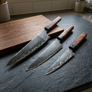 Customized Industrial Grade Carbon Steel Chef Set with Rose Wood Handle High Carbon 1095 Blades (3 <b>Knives</b>) Razor <b>Sharp</b> - Product Image 3