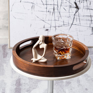 Stylish Dark Brown Wooden Round Serving Tray <b>Large</b> Solid Wood Coffee Table Decorative Wooden Tray With Handles - Product Image 1