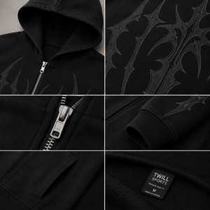 Sudadera con Capucha Negra Gótica para Hombre, con Cierre, de Algodón French Terry, Patrón Geométrico, Lavado Ácido, Bolsillo Delantero, Ropa Casual de Invierno, 350g - Product Image 3