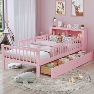 Letto singolo rosa per bambini con testiera con vano portaoggetti, due cassetti sotto il letto e tre sponde laterali per sicurezza e protezione - Product Image 1